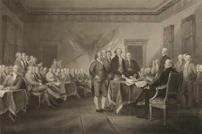 This 1876 engraving by W.L. Ormsby shows a version of the painting "Declaration of Independence, July 4th, 1776" by John Trumbull.