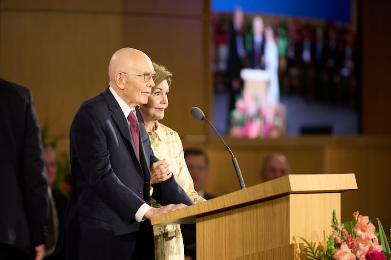 President Dallin H. Oaks stands with his wife, Sister Kristen Oaks, during a session of the New Missionary Leaders Seminar on Saturday, June 20, 2026, at the Provo Missionary Training Center in Provo, Utah.