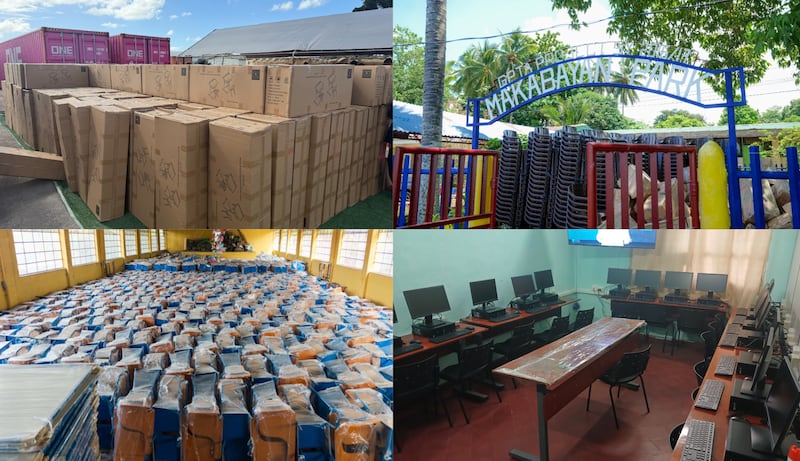 School donations from the Church in August 2026 include, clockwise from top left: desks and chairs in ʻApi Mataka, Tonga; classroom armchairs in Leyte, Philippines; furniture in Huehuetenango, Guatemala; and a computer lab in Asunción, Paraguay.