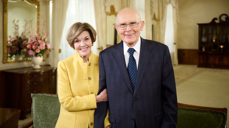 President Dallin H. Oaks and his wife, Sister Kristen Oaks, pose for a photo in the Relief Society Building in Salt Lake City, Utah, on Wednesday, Oct. 15, 2025.