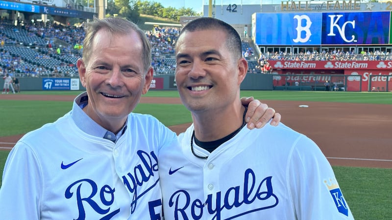 Elder Gary E. Stevenson of the Quorum of the Twelve Apostles is pictured with fellow Latter-day Saint and former Kansas City Royals World Series pitcher Jeremy Guthrie. Elder Stevenson threw the ceremonial first pitch while Guthrie served as the catcher on Tuesday, August 6, 2024.