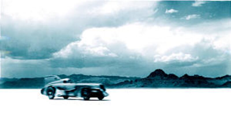 Ab Jenkins pilots the Mormon Meteor III across the Bonneville Salt Flats in 1950,