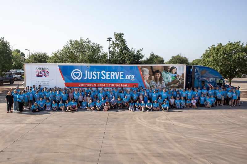 JustServe volunteers at the San Antonio Food Bank in San Antonio, Texas, pose for a photo after a donation of food from The Church of Jesus Christ of Latter-day Saints on July 22, 2026.