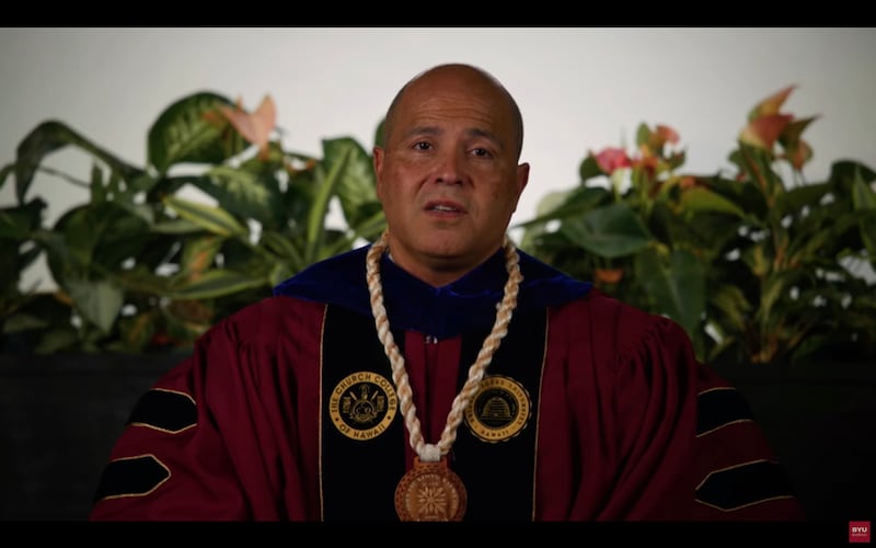 BYU–Hawaii President John S.K. Kauwe III speaks to BYU–Hawaii graduates in a prerecorded message on Friday, Dec. 12, 2025.