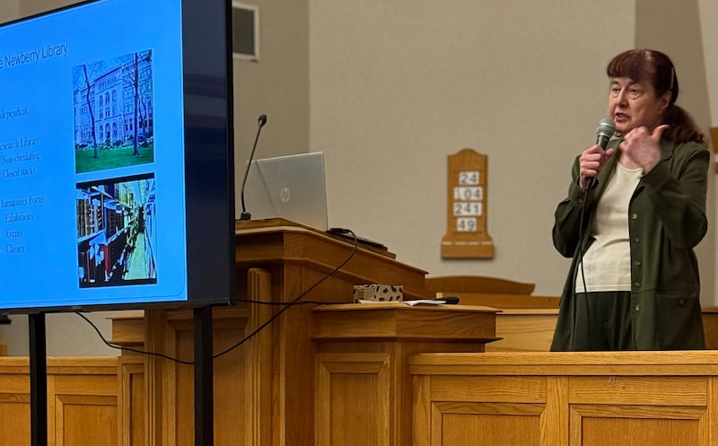 Grace Dumelle, genealogy and local history assistant at the Newberry Library, speaks to genealogy enthusiasts at an event hosted by the Chicago Illinois Stake on March 7, 2026. More than 40 people gathered to participate in classes and hear talks by experts from Chicago’s Newberry Library and the Afro-American Genealogical and Historical Society of Chicago.