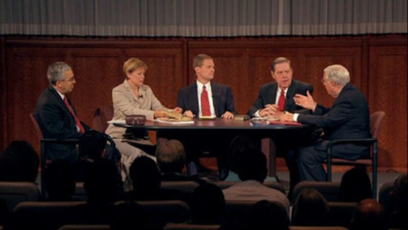 Panel discusses ward councils. From left: Elder Walter F. Gonzalez of the Presidency of the Seventy
