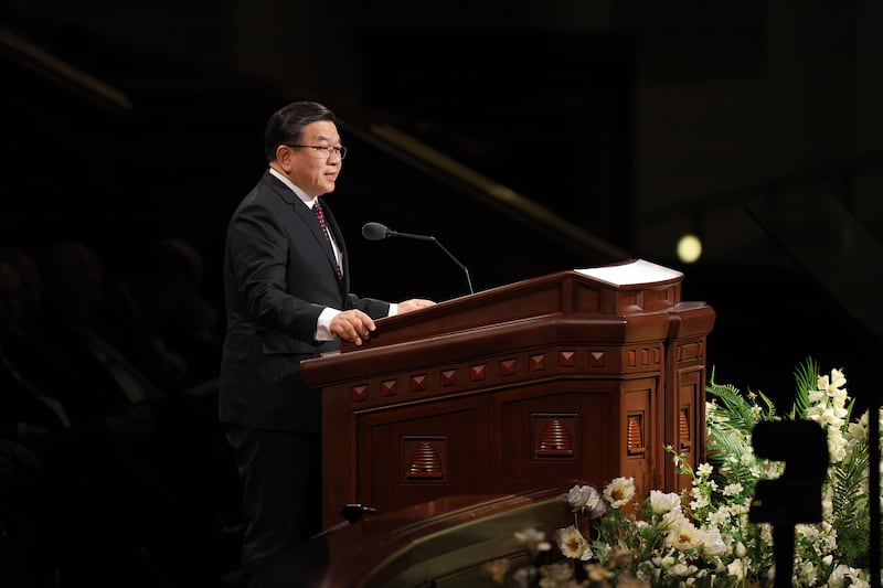 Elder Michael John U. Teh, General Authority Seventy, speaks during the Saturday morning session of the 196th Annual General Conference of The Church of Jesus Christ of Latter-day Saints in the Conference Center in Salt Lake City on April 4, 2026.