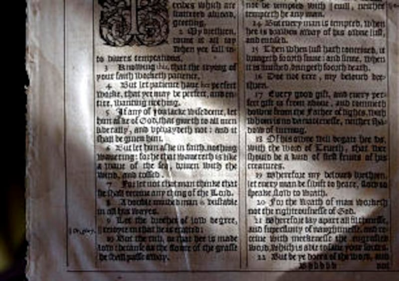 Page from 1611 first edition King James Bible is open to passage that inspired young Joseph Smith to