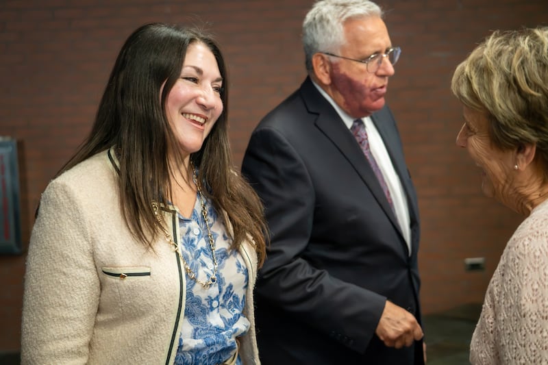 Elder Rubén V. Alliaud and Sister Fabiana Alliaud, greet people after the Ensign College devotional in Salt Lake City on Tuesday, Sept. 15, 2026.