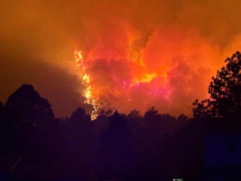 The Aspen Acres fire as seen from Colorado City, Colorado, looking west from Lake Beckwith on the night of July 3, 2026.