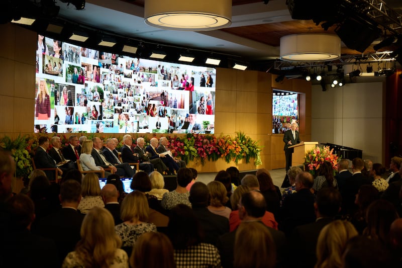 Elder Neil L. Andersen shows a slide full of pictures of missionaries during the 2026 Seminar for New Mission Leaders on Thursday, June 18, 2026, in the Provo Missionary Training Center in Provo, Utah.
