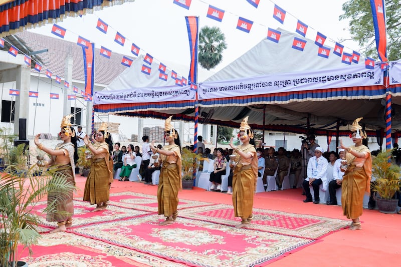 Traditional Khmer Aspara dancers perform the “Blessing Dance” at the celebration of the new outpatient building at the Preah Net Preah Referral Hospital in the Banteay Meanchey province in northwestern Cambodia on Feb. 26, 2026.