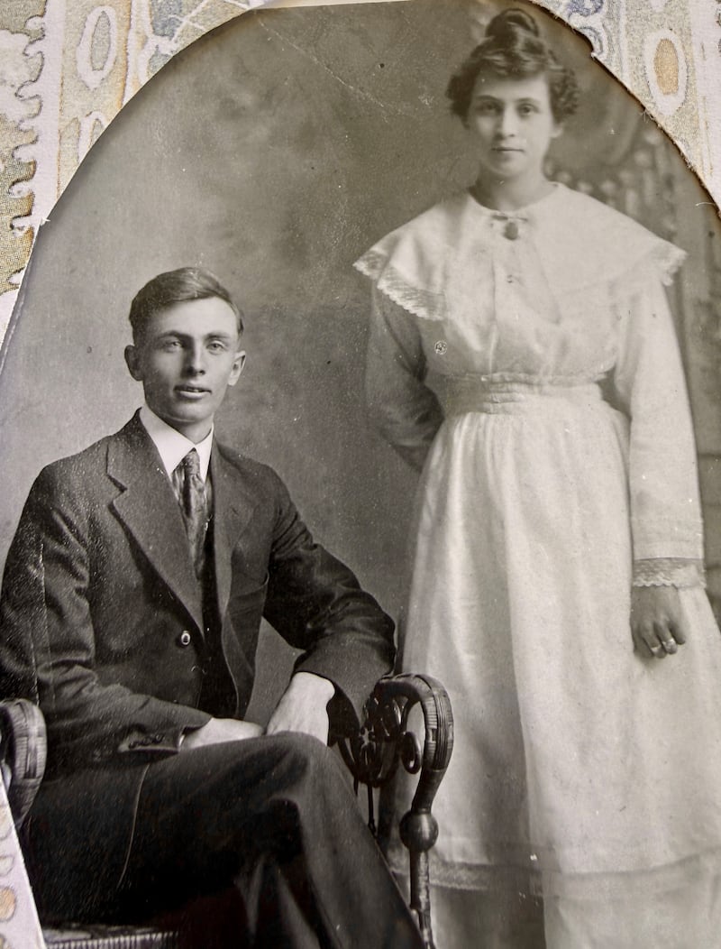 A photograph of James Miller and his bride, Amanda Shuman Miller, on their wedding day in April 1917 in Salt Lake City.