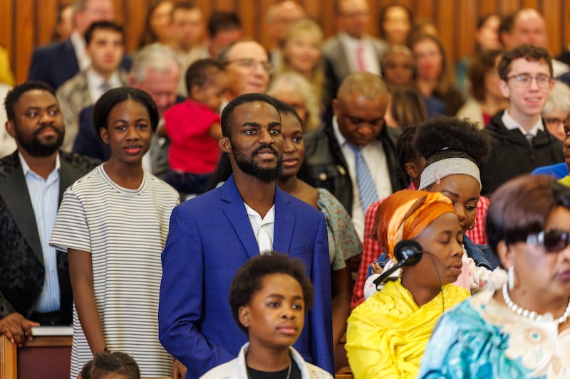 Members of the new Treasure Valley Ward (Swahili) stand on the day the ward was created from a branch in the Boise Idaho Stake on Sunday, Feb. 8, 2026.