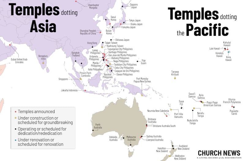 Map shows locations and statuses of temples of The Church of Jesus Christ of Latter-day Saints in Asia, Australia and the Pacific as of March 2026.