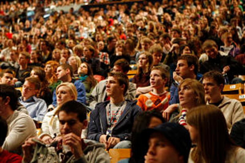Crowds attend as President Cecil O. Samuelson and his wife, Sharon, give the first campus devotiona