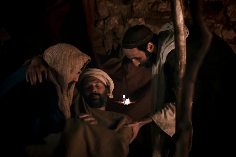 The parable of the Good Samaritan is shown in a scene from the Bible Videos.
