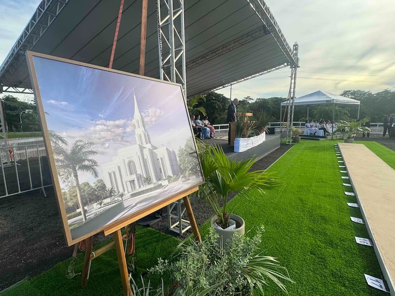 An exterior rendering of the Teresina Brazil Temple is displayed at its groundbreaking ceremony on Saturday, April 18, 2026, in Teresina, Brazil.