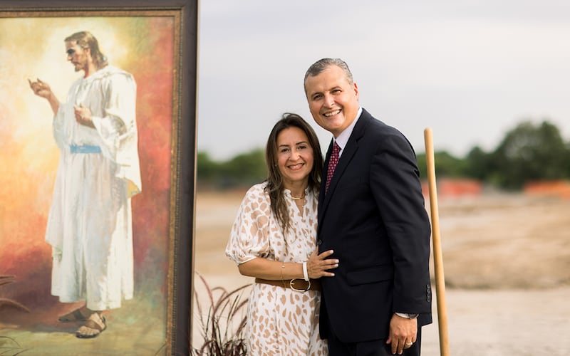 Elder Pedro X. Larreal, a General Authority Seventy and member of the Church’s United States Southwest Area presidency, who presided at the groundbreaking ceremony of Tulsa Oklahoma Temple, stands with his wife, Sister Sariah Larreal, on Saturday, Aug. 22, 2026, in Tulsa, Oklahoma.