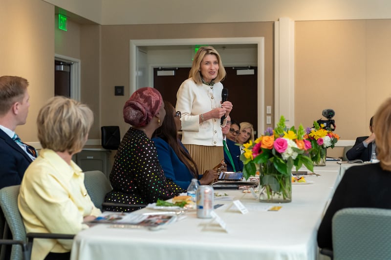 Relief Society General President Camille N. Johnson speaks during a roundtable at the Los Angeles Temple Visitors’ Center in Los Angeles, California, on Tuesday, March 17, 2026.