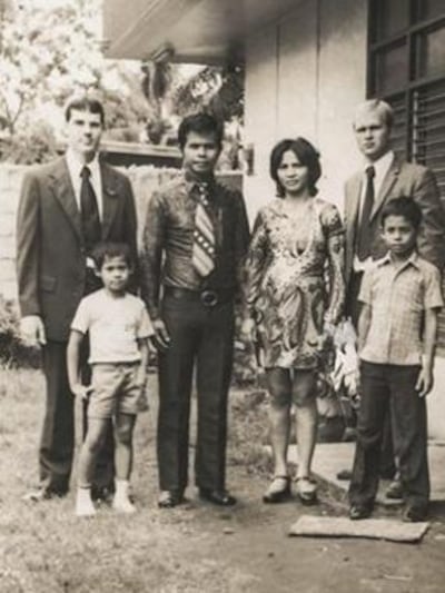 The Revillo family stands with missionaries in 1971 in General Santos City, Philippines.