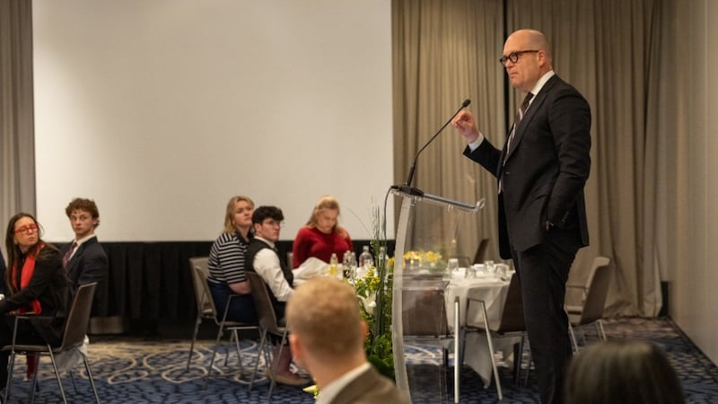 Elder James W. McConkie III, General Authority Seventy, shares his thoughts for young leaders with Brussels Nexus Conference participants on May 13, 2026, in Brussels, Belgium.