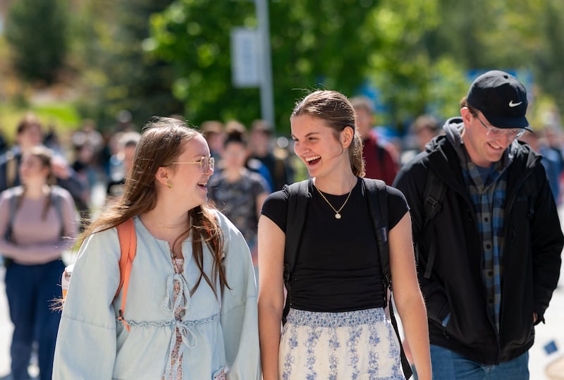 BYU–Idaho students walk to the I–Center for a devotional with Elder B. Cory Cuvelier, a General Authority Seventy, in Rexburg, Idaho, on Tuesday, May 19, 2026.
