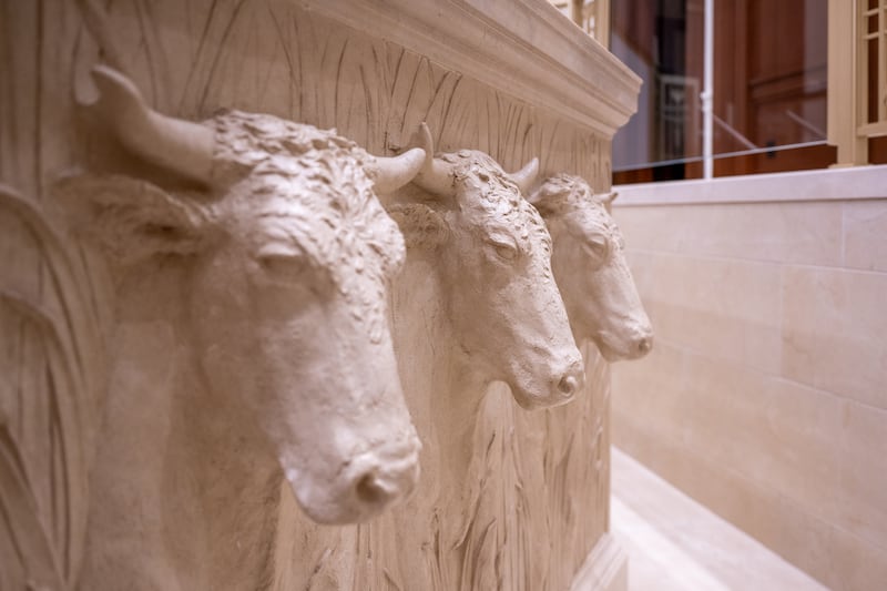 Statues of oxen beneath the baptismal font of the Wichita Kansas Temple.