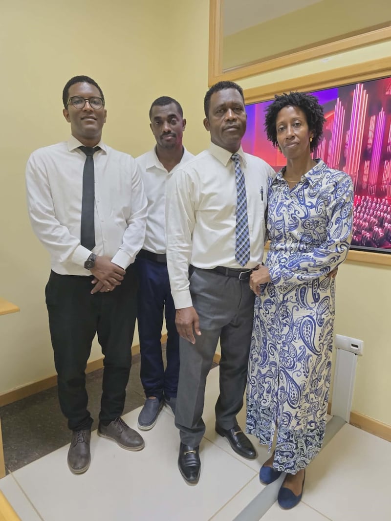 Assomada Cape Verde Stake President Hélder Varela, Carlos Freire, and translators Celestino Mascarenhas and Fernanda Mascarenhas take a picture together to mark the translation of April 2026 general conference into Cape Verdean Creole in Praia, Cape Verde, Sunday, April 5, 2026.