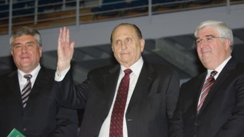 "Germany, I love you!" President Thomas S. Monson (Middle) waves to the crowd in Hamburg, Germany. L