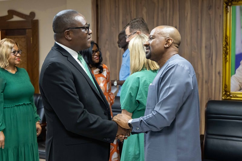 Elder Adeyinka A. Ojediran, a General Authority Seventy and president of the Church's Africa West Area, greets Sierra Leone Vice President Mohamed Juldeh Jalloh in Freetown, Sierra Leone, on Wednesday, Aug. 26, 2026.
