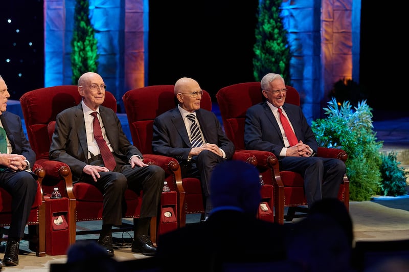 The First Presidency of The Church of Jesus Christ of Latter-day Saints takes part in the First Presidency's Christmas Devotional broadcast on Sunday, Dec. 7, 2025.
