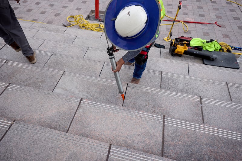 Caulk is installed in between the stones on the west towers of the Salt Lake Temple on Tuesday, April 21, 2026, in Salt Lake City.