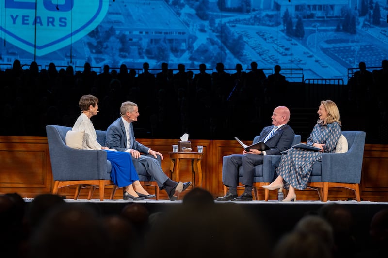 Elder David A. Bednar of the Quorum of the Twelve Apostles, and his wife, Sister Susan Bednar, left, respond to questions from BYU–Idaho President Alvin F. Meredith III and Sister Jennifer Meredith, during a devotional held in the BYU-Idaho Center in Rexburg, Idaho, on Thursday, Oct. 8, 2026.
