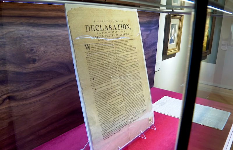 A copy of the Declaration of Independence, printed by Robert Luist Fowle in July 1776, sits on display at Christie's during a preview for the "We the People: America at 250" auction, Jan. 15, 2026, in New York.