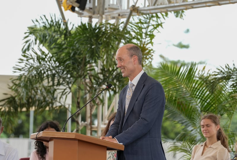 Elder Steven D. Shumway — a General Authority Seventy and member of the Philippines Area presidency — speaks during the groundbreaking of the Naga Philippines Temple on Aug. 8, 2026, in Naga City, Philippines.