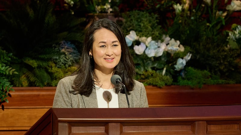 Sister Kristin M. Yee, second counselor in the Relief Society general presidency, speaks during the Saturday morning session of the 196th Annual General Conference of The Church of Jesus Christ of Latter-day Saints in the Conference Center in Salt Lake City on April 4, 2026.