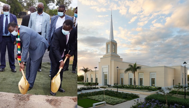 At left, the president of the Republic of Zimbabwe joins Elder Edward Dube at the groundbreaking for the Harare Zimbabwe Temple. At right, the Harare temple is prior to its January 2026 open house.