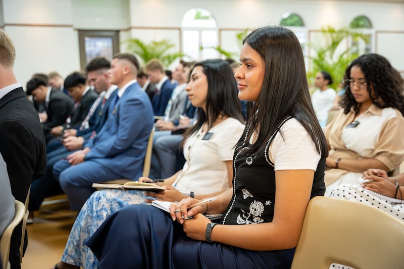Missionaries listen during a devotional with Elder Ronald A. Rasband of the Quorum of the Twelve Apostles in Managua, Nicaragua, on Friday, Oct. 16, 2026.
