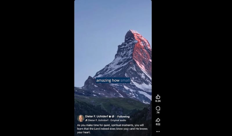 An image of mountain peak with snow on it is in a video on President Uchtdorf's social accounts.
