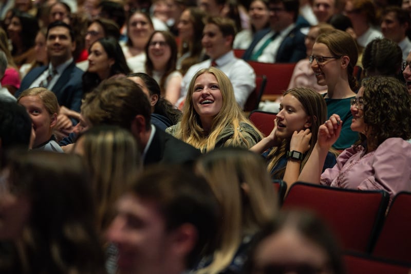 Students listen as Elder Gérald Caussé of the Quorum of the Twelve Apostles gives a devotional at BYU–Idaho on Sunday, June 14, 2026.
