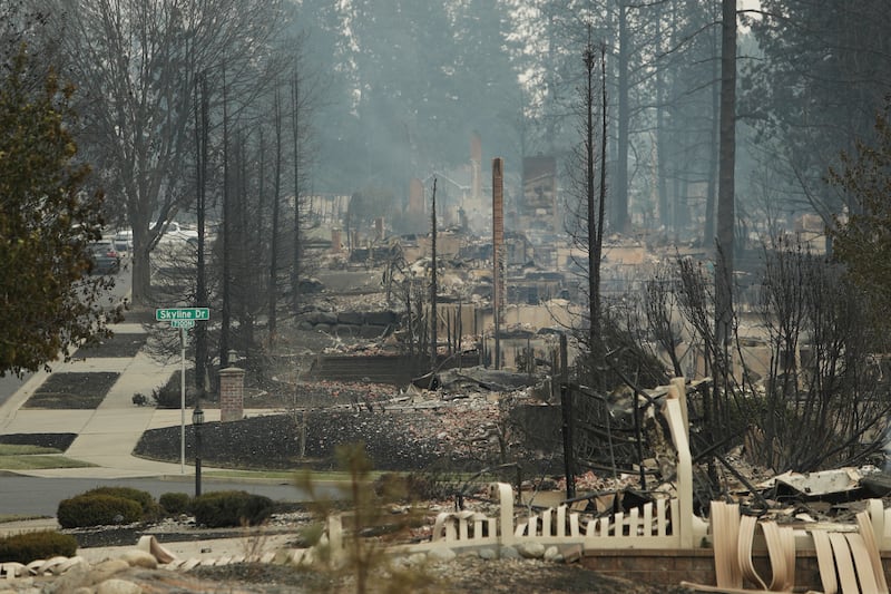 Structures along West Tiffany Avenue are burned to the ground after a wildfire, Sunday, Aug. 2, 2026, in Spokane, Washington.