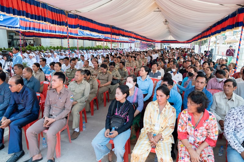 A large crowd of healthcare workers, government officials and residents gathered under a colorful tent on Feb. 26, 2026, to celebrate the opening of the new heart center at the Siem Reap Provincial Referral Hospital in Siem Reap, Cambodia.