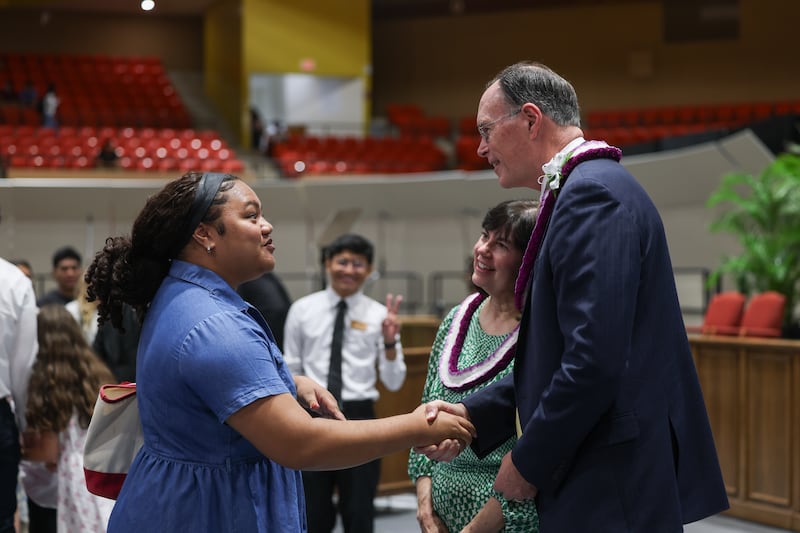 Presiding Bishop W. Christopher Waddell and his wife, Sister Carol S. Waddell, greet BYU–Hawaii students following a campus devotional held in the Cannon Activities Center in Laie, Hawaii, on Tuesday, Oct. 13, 2026.