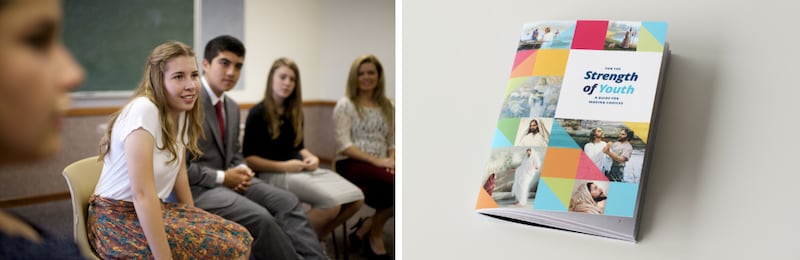 From left, youth participate in a Sunday School class; the updated "For the Strength of Youth" guide from The Church of Jesus Christ of Latter-day Saints includes 12 chapters. Aaronic Priesthood quorums and Young Women classes will begin using the guide during Sunday meetings on Sept. 6, 2026.