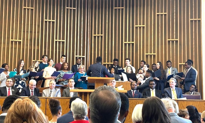 Members of the Lehi 35th Ward (French) choir sing during a meeting on Feb. 9, 2025, in Lehi, Utah.
