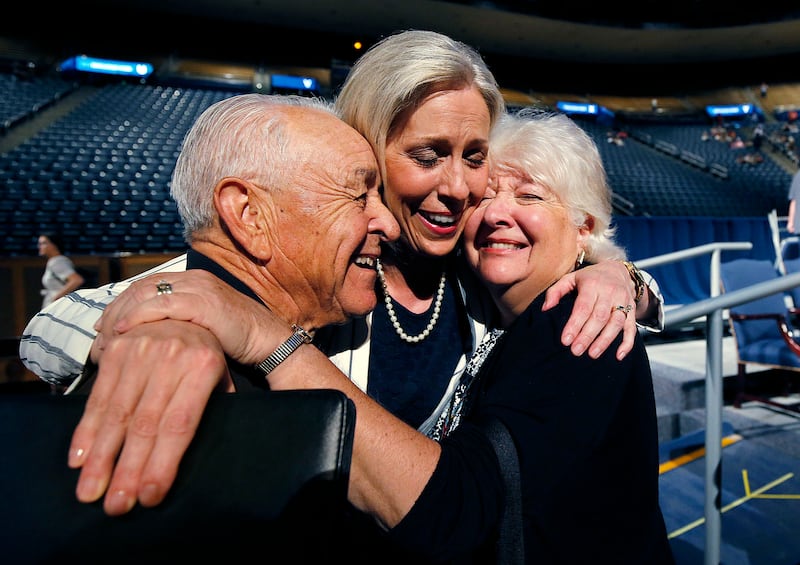 Sister Joy D. Jones, Primary general president of The Church of Jesus Christ of Latter-day Saints, greets David and Patricia Hall of Santa Rosa, California during BYU Education Week in Provo on Tuesday, Aug. 21, 2018.