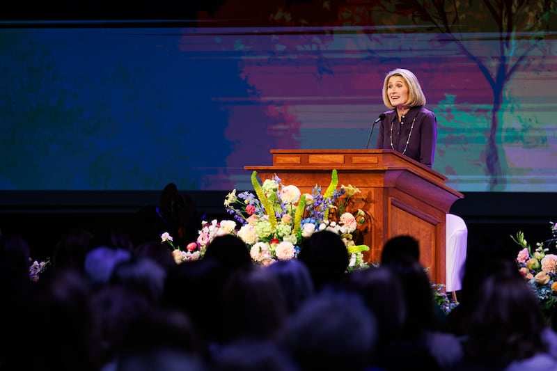 President Camille N. Johnson, Relief Society general president, speaks during her keynote as part of BYU Women's Conference held at the Marriott Center in Provo, Utah, on Thursday, April 30, 2026.
