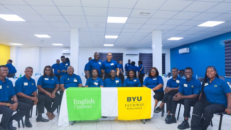 BYU–Pathway Worldwide zone leaders take a picture together during a discussion with local Church leaders about enrollment in Lagos, Nigeria, in July 2026.