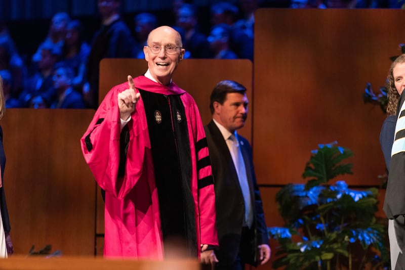 President Henry B. Eyring, first counselor in the First Presidency, speaks during BYU–Idaho's commencement on July 20, 2022, in the BYU–Idaho Center in Rexburg, Idaho.